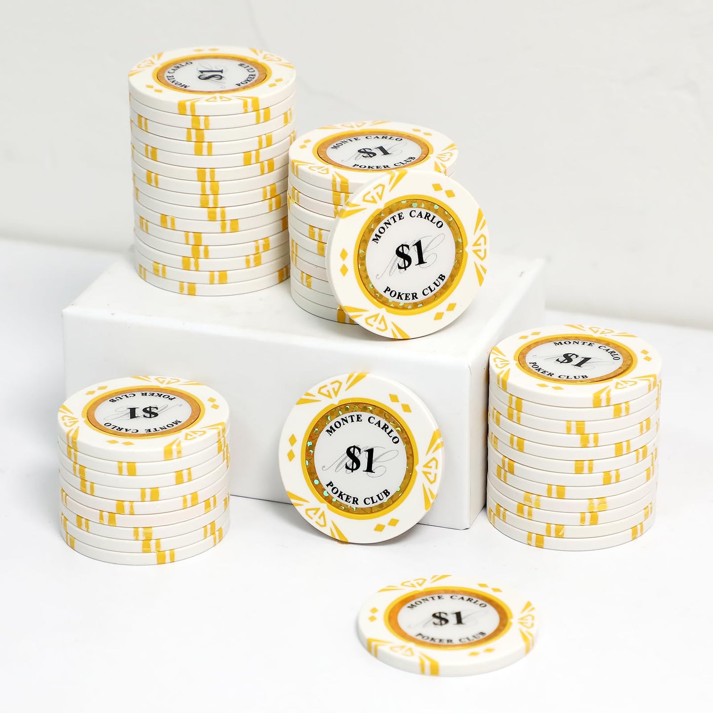 JIESITE 14g Clay Poker Chips – Monte Carlo Casino-Grade 50-Piece Set (40mm, $1 White)