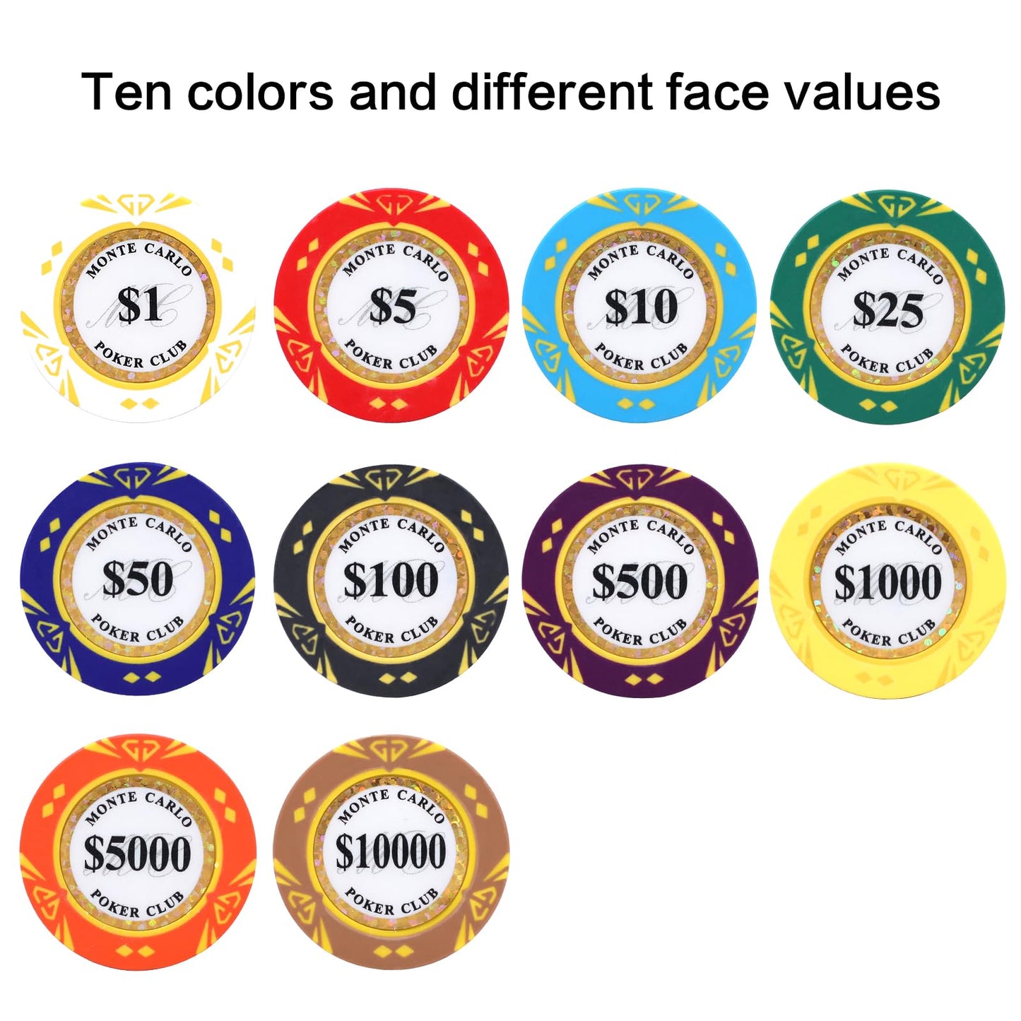 JIESITE 14g Clay Poker Chips – Monte Carlo Casino-Grade 50-Piece Set (40mm, $1 White)