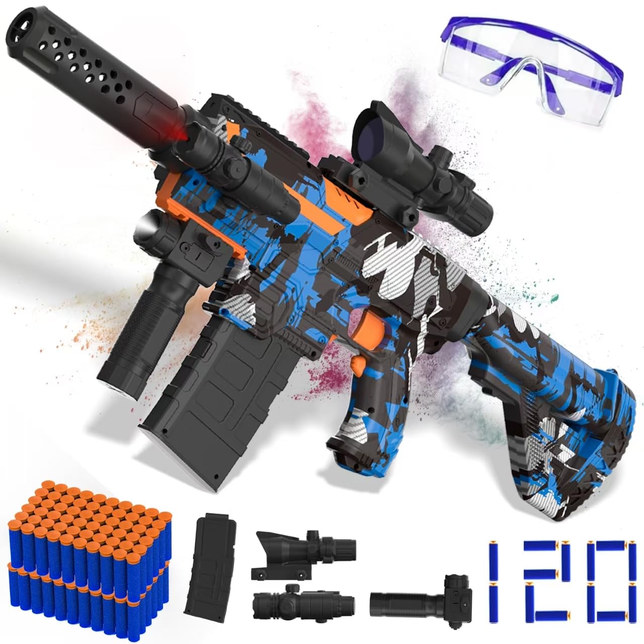 JIFTOK Automatic Foam Blaster Sniper with Scope – 120 Darts, Rechargeable Battery, Goggles (Blue)