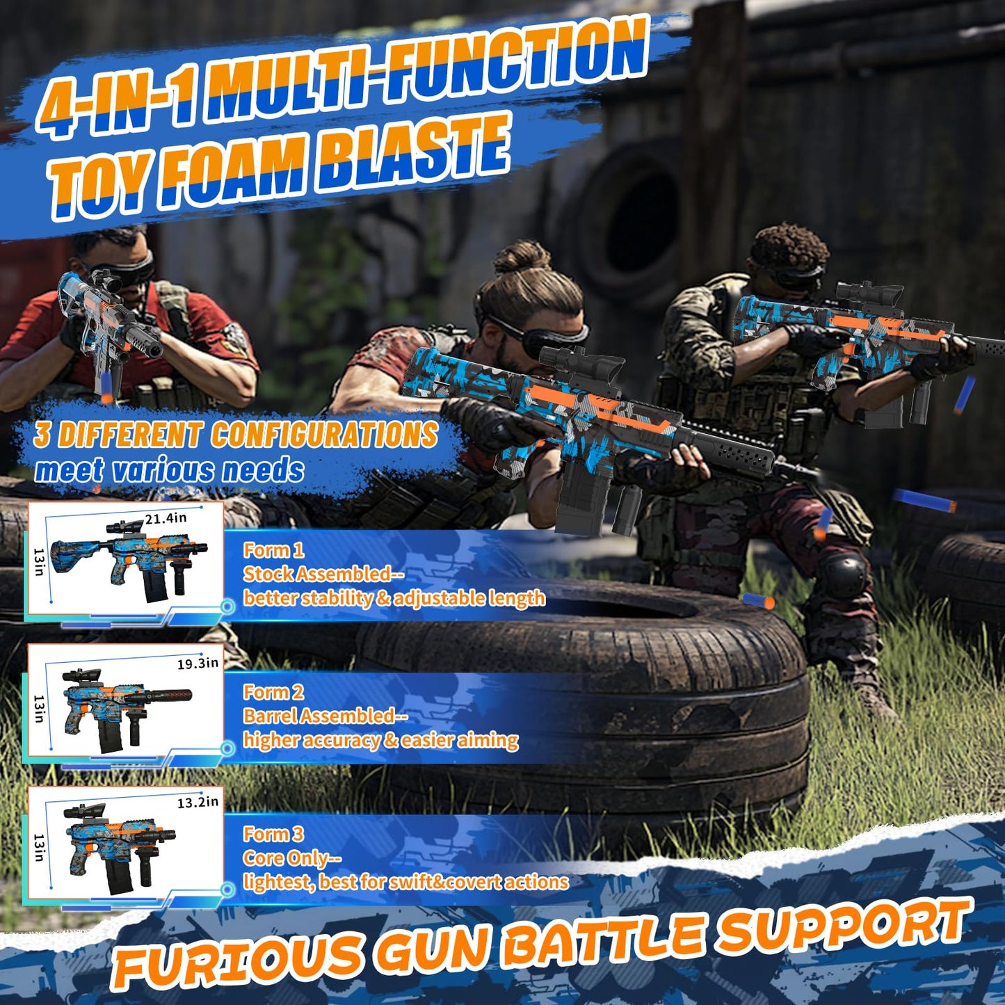 JIFTOK Automatic Foam Blaster Sniper with Scope – 120 Darts, Rechargeable Battery, Goggles (Blue)
