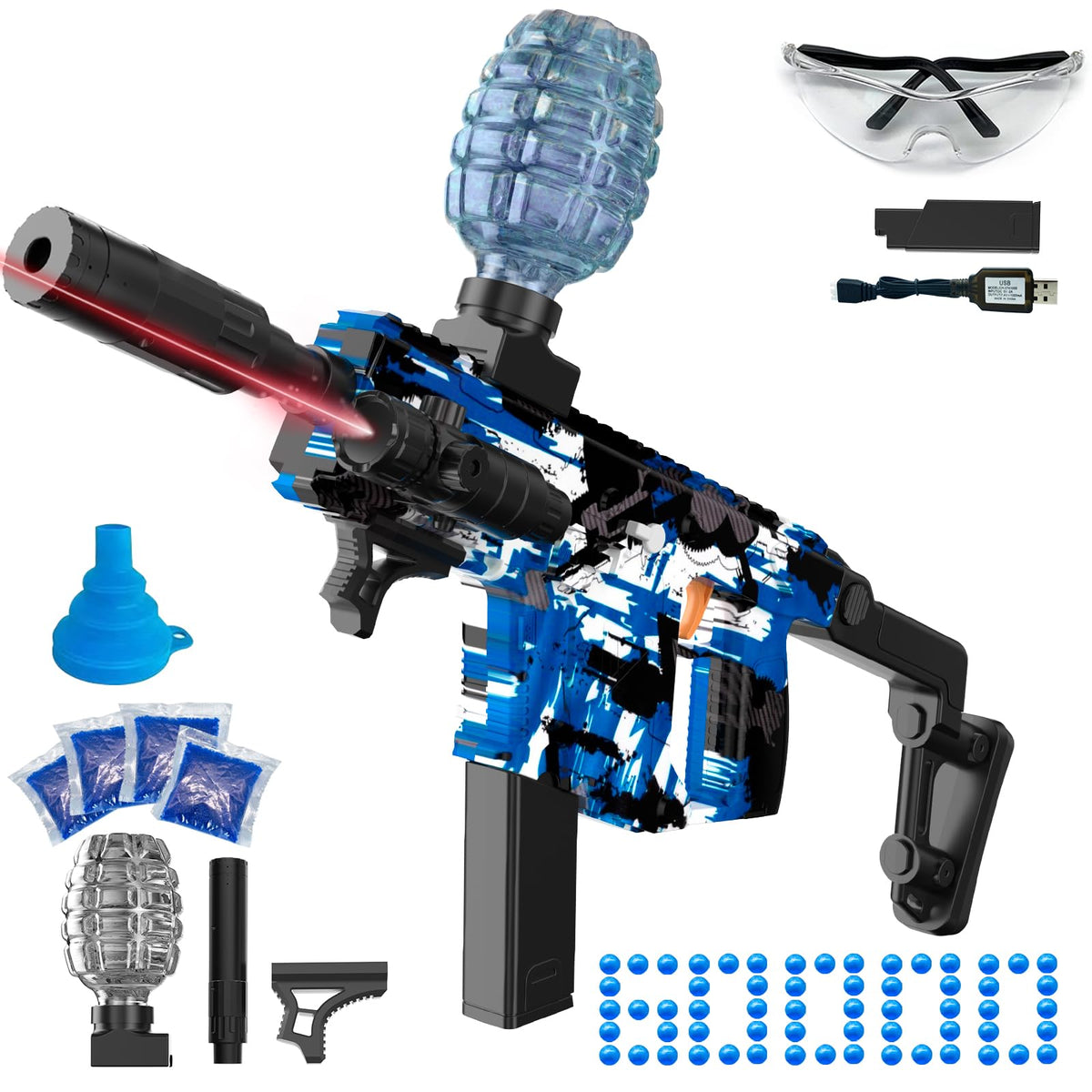 JIFTOK Electric Gel Ball Blaster – High-Speed Auto Splatter Ball with 60,000 Beads, Goggles, Rechargeable Battery (Blue)