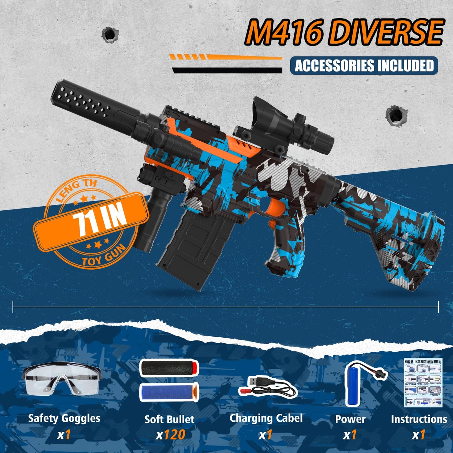 JIFTOK Automatic Foam Blaster Sniper with Scope – 120 Darts, Rechargeable Battery, Goggles (Blue)