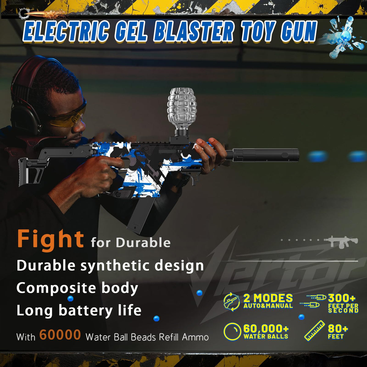 JIFTOK Electric Gel Ball Blaster – High-Speed Auto Splatter Ball with 60,000 Beads, Goggles, Rechargeable Battery (Blue)