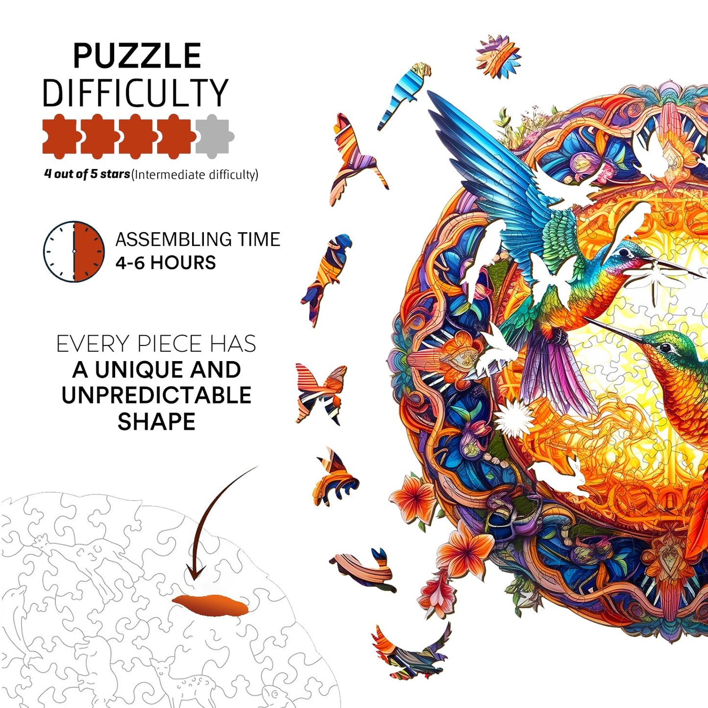 Jigfoxy Hummingbird Wooden Puzzle for Adults – Unique Animal Jigsaw, 300 Pieces, 13.8 x 13.8 in
