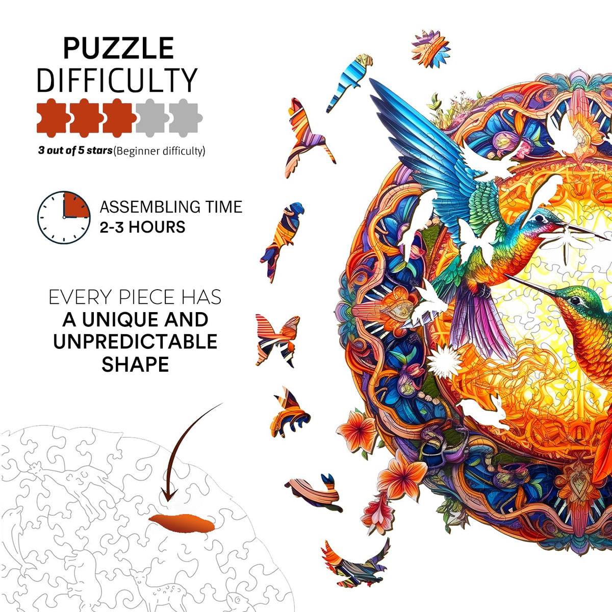 Jigfoxy Hummingbird Wooden Puzzles for Adults – 100 Pcs, 7.9 x 7.9 in, Unique Animal Shape Gift