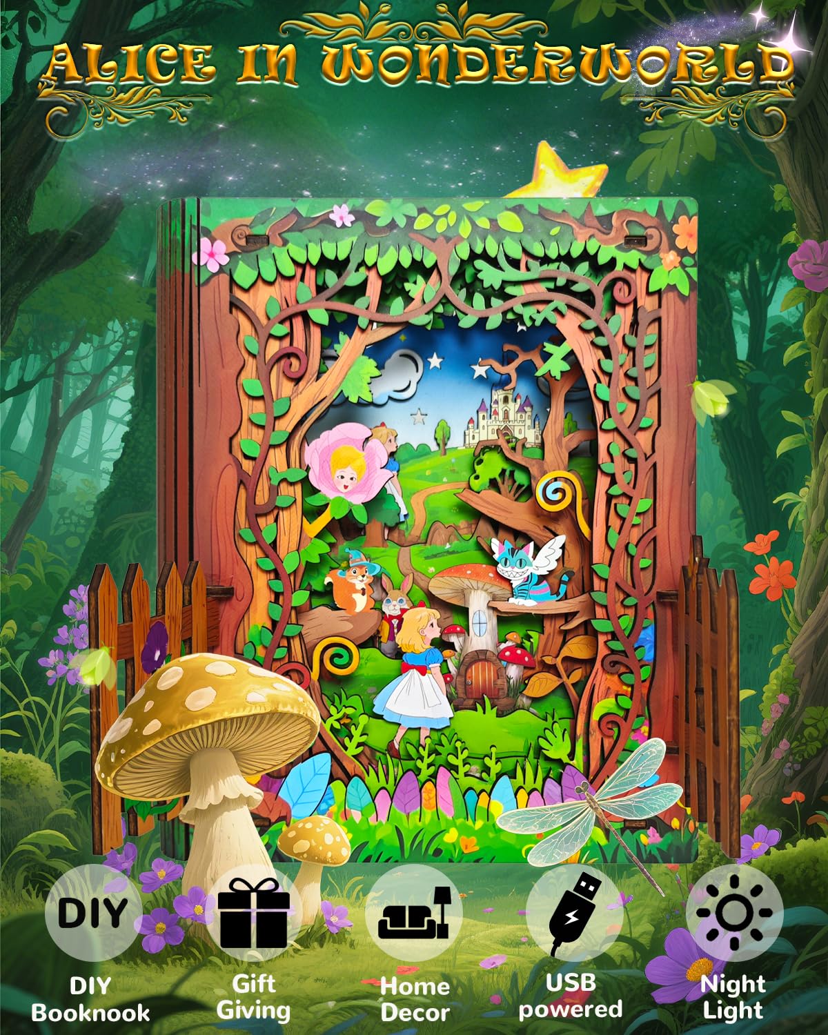Jigtoy 3D Wooden Puzzles – Alice in Wonderland Book Nook with LED Night Light