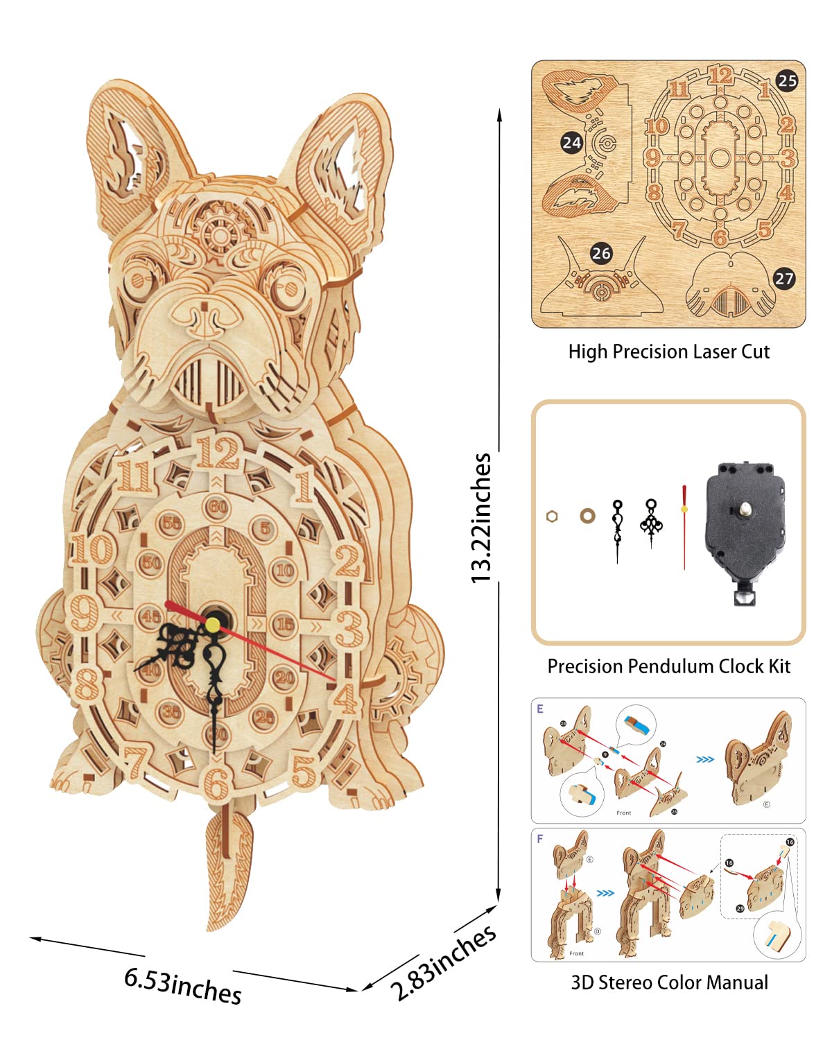 Jigtoy Wooden 3D Bulldog Clock Kit – Christmas-themed DIY Wall Clock