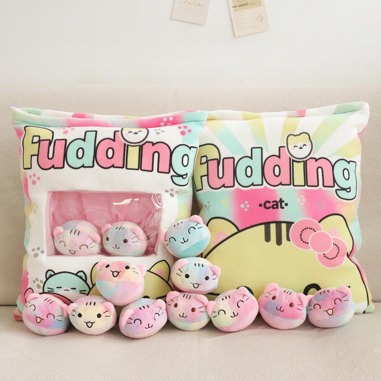 JILPAK Cat Plush Pillow with 8 Kitten Dolls – Removable Plushies & Cozy Throw Pillow