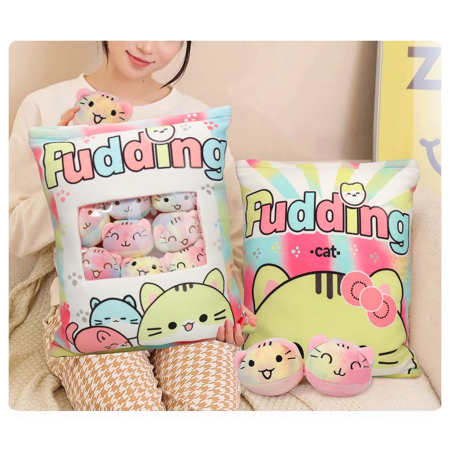JILPAK Cat Plush Pillow with 8 Kitten Dolls – Removable Plushies & Cozy Throw Pillow