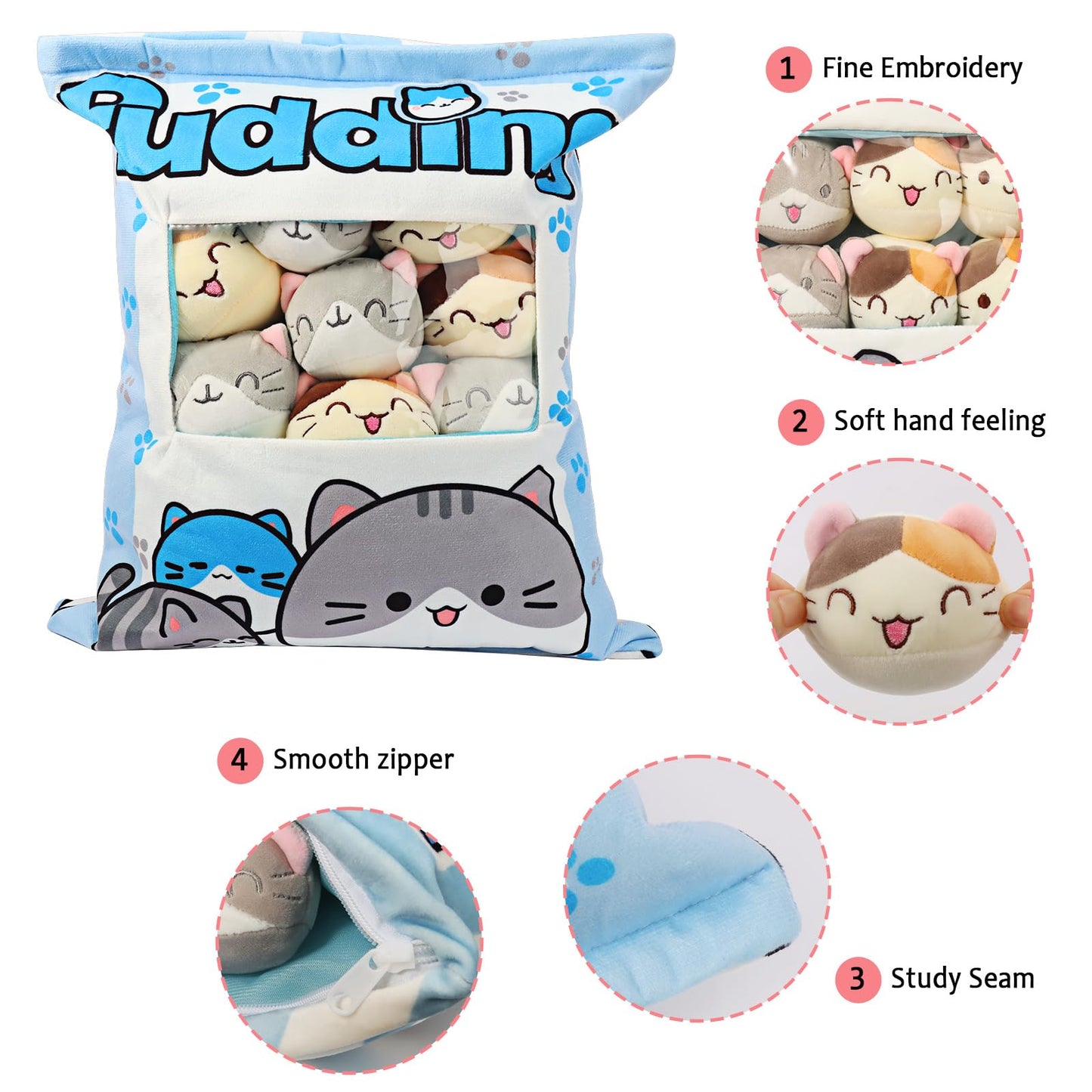 JILPAK Cat Plush Pillow – 8 Blue Kitten Plushies, Kawaii Plush Toy & Gift