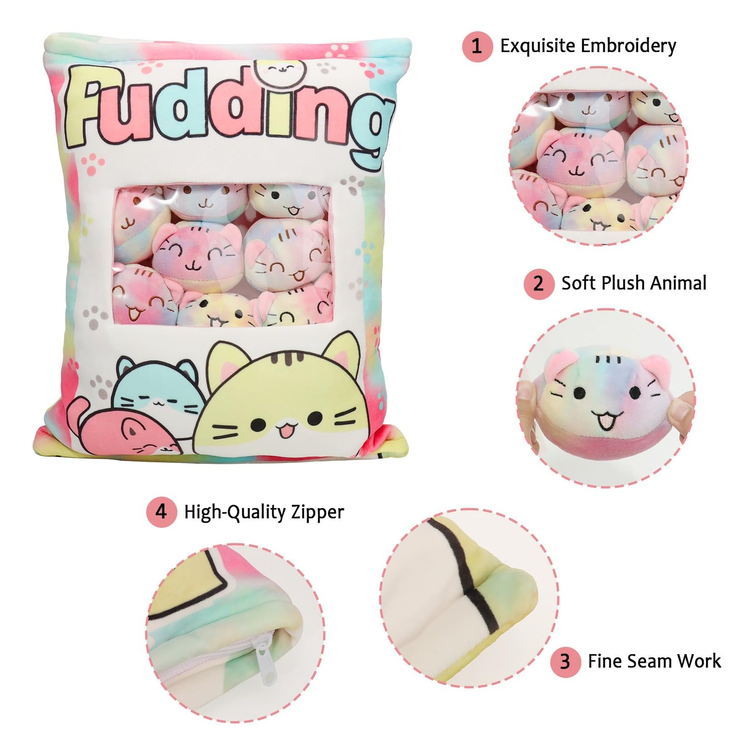 JILPAK Cat Plush Pillow with 8 Kitten Dolls – Removable Plushies & Cozy Throw Pillow