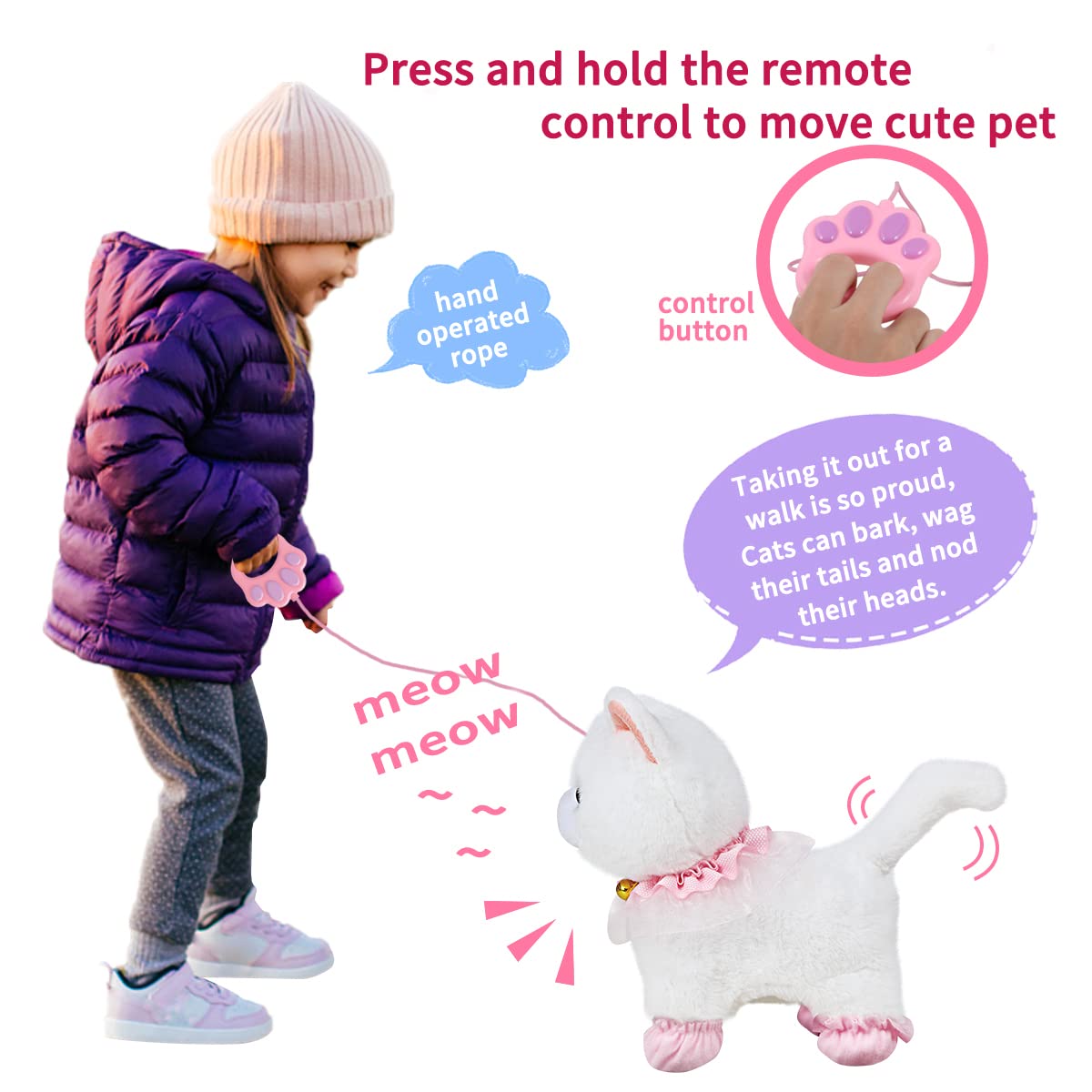 Jimate Interactive Electronic Plush Toy: Walking & Barking Robot Cat Kitten for Girls (White)