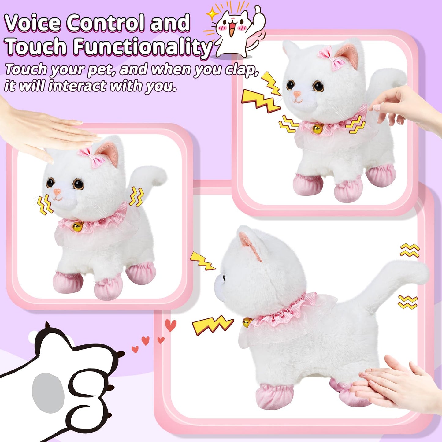 Jimate Interactive Electronic Plush Toy: Walking & Barking Robot Cat Kitten for Girls (White)