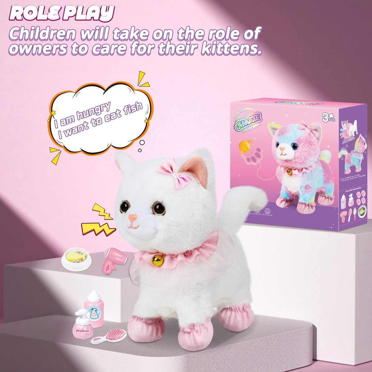 Jimate Interactive Electronic Plush Toy: Walking & Barking Robot Cat Kitten for Girls (White)