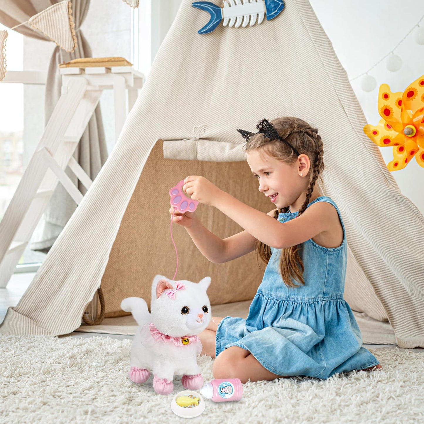 Jimate Interactive Electronic Plush Toy: Walking & Barking Robot Cat Kitten for Girls (White)