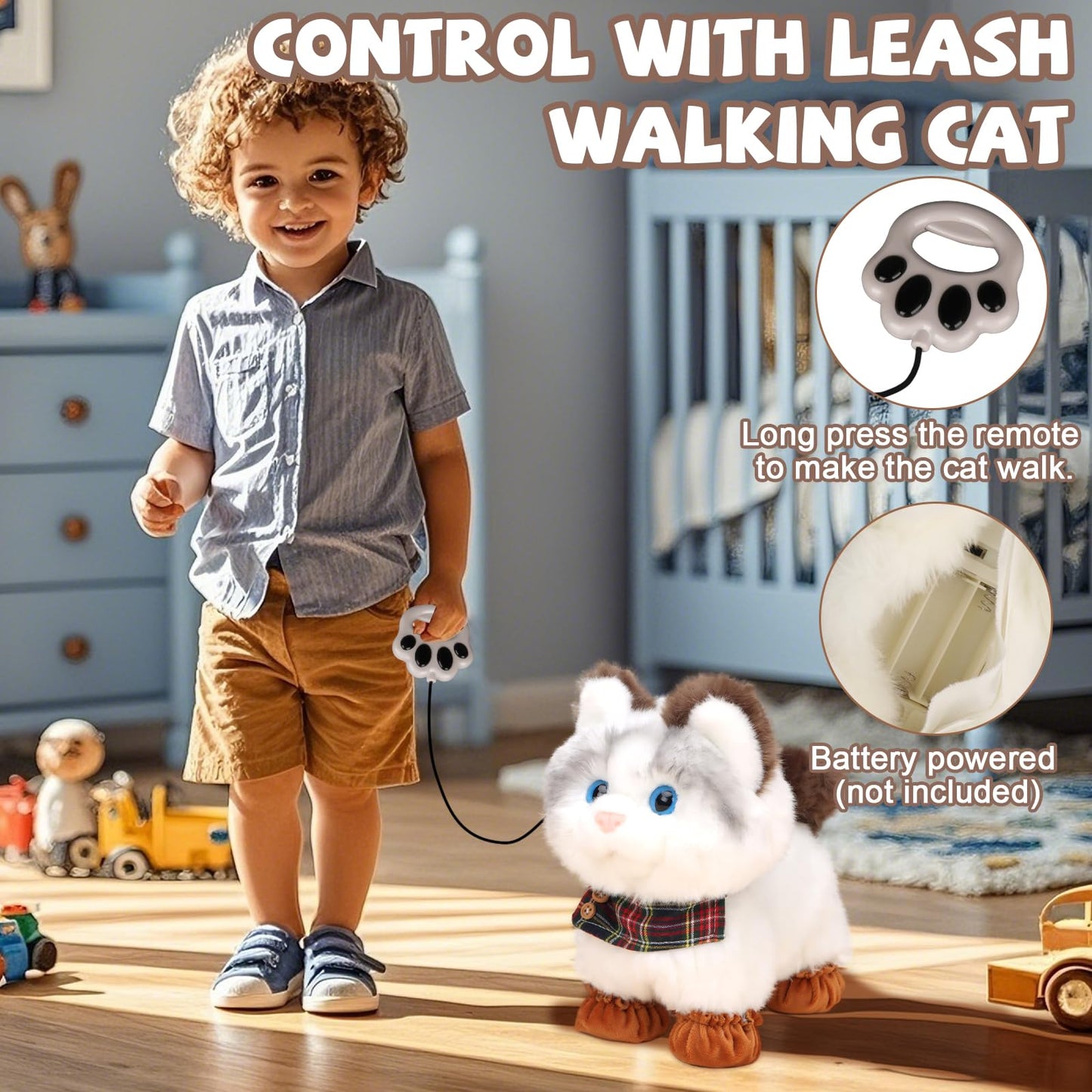 Jimate Interactive Walking Cat Toy with Leash – Meows, Tail Wag, Soft Plush Kitten for Kids