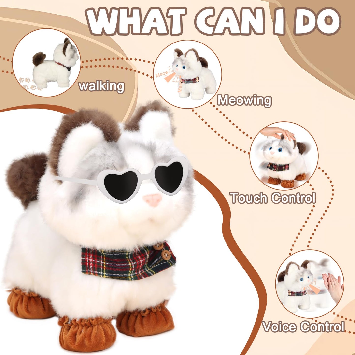 Jimate Interactive Walking Cat Toy with Leash – Meows, Tail Wag, Soft Plush Kitten for Kids