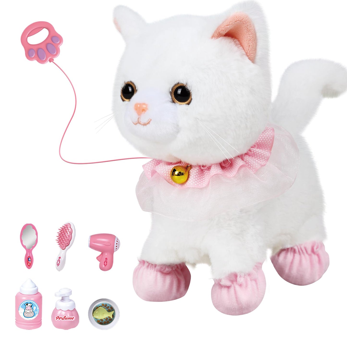 Jimate Interactive Electronic Plush Toy: Walking & Barking Robot Cat Kitten for Girls (White)