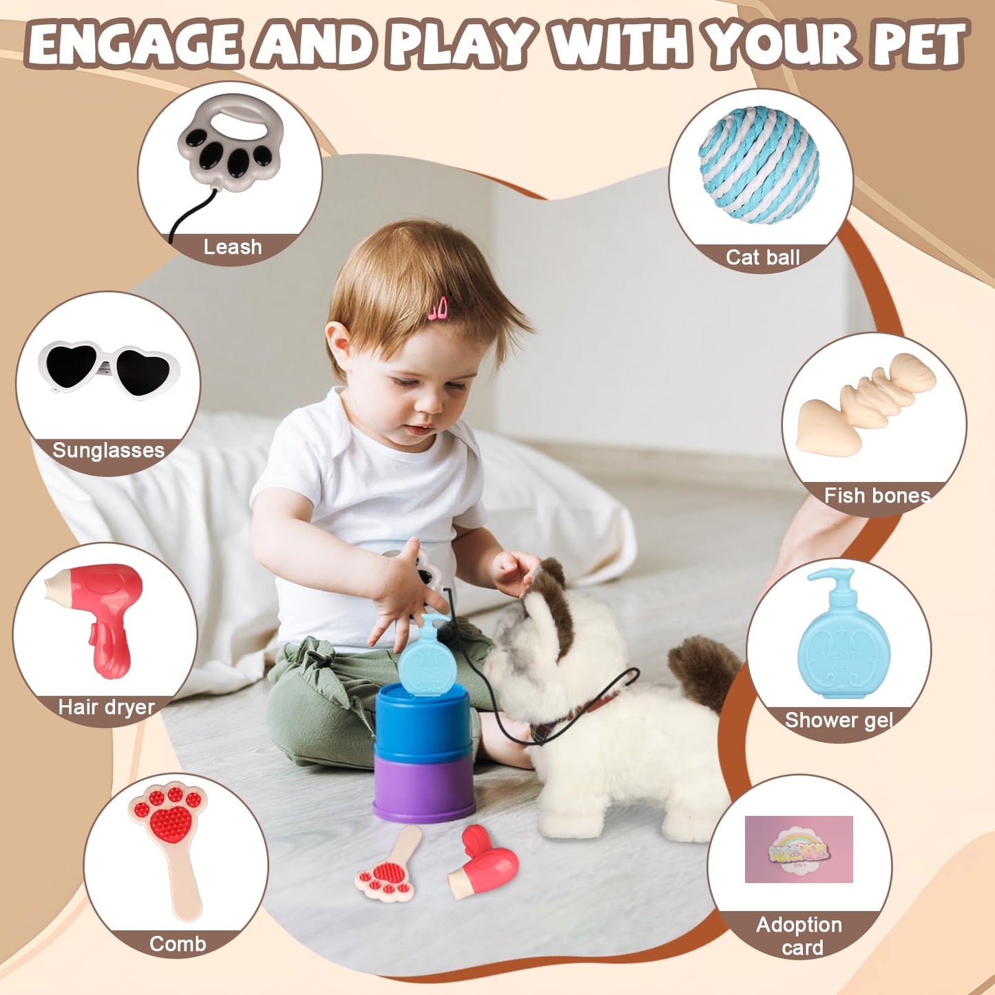 Jimate Interactive Walking Cat Toy with Leash – Meows, Tail Wag, Soft Plush Kitten for Kids