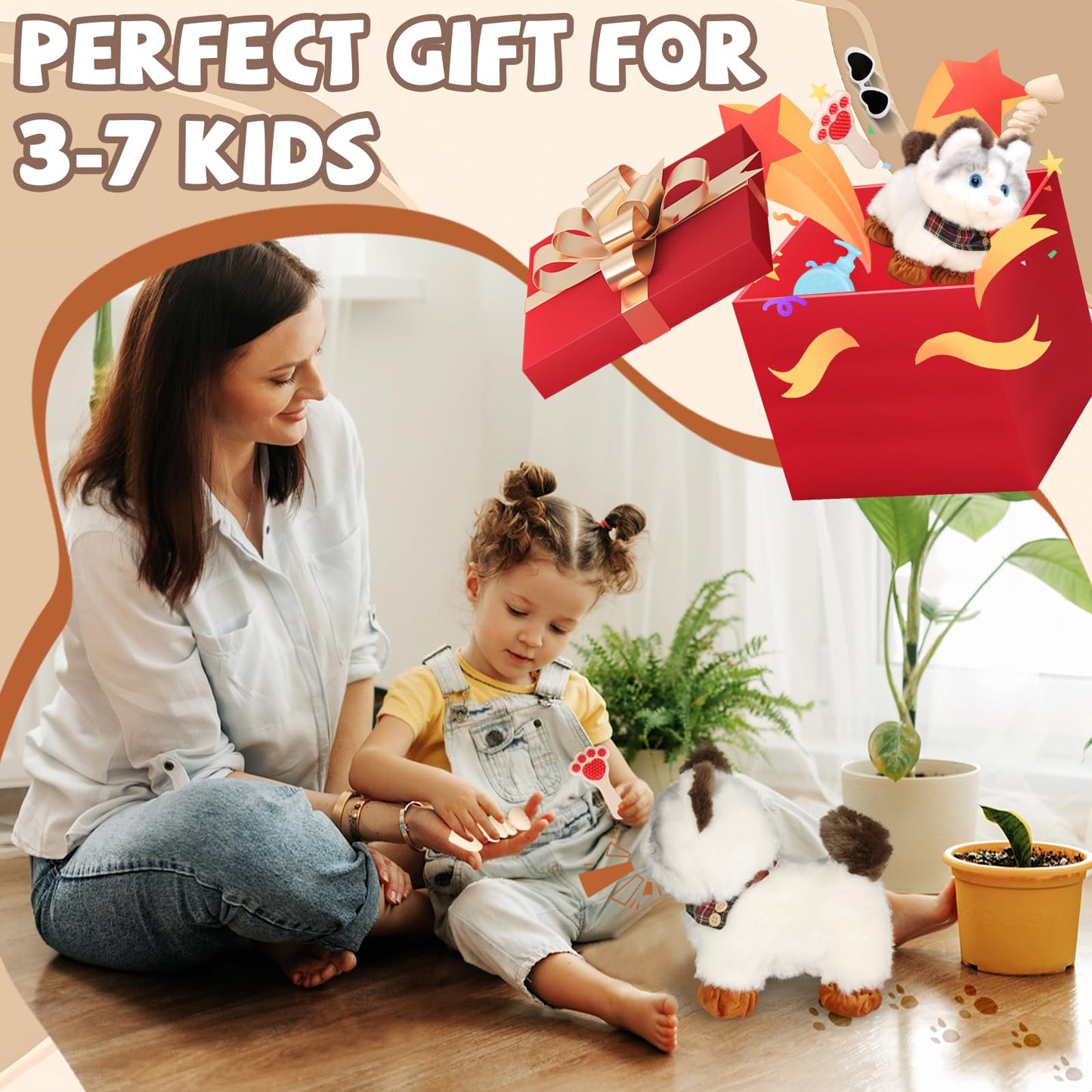 Jimate Interactive Walking Cat Toy with Leash – Meows, Tail Wag, Soft Plush Kitten for Kids