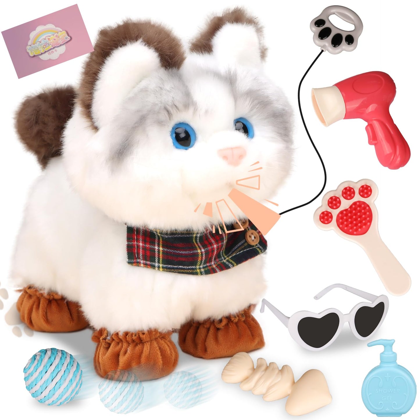 Jimate Interactive Walking Cat Toy with Leash – Meows, Tail Wag, Soft Plush Kitten for Kids