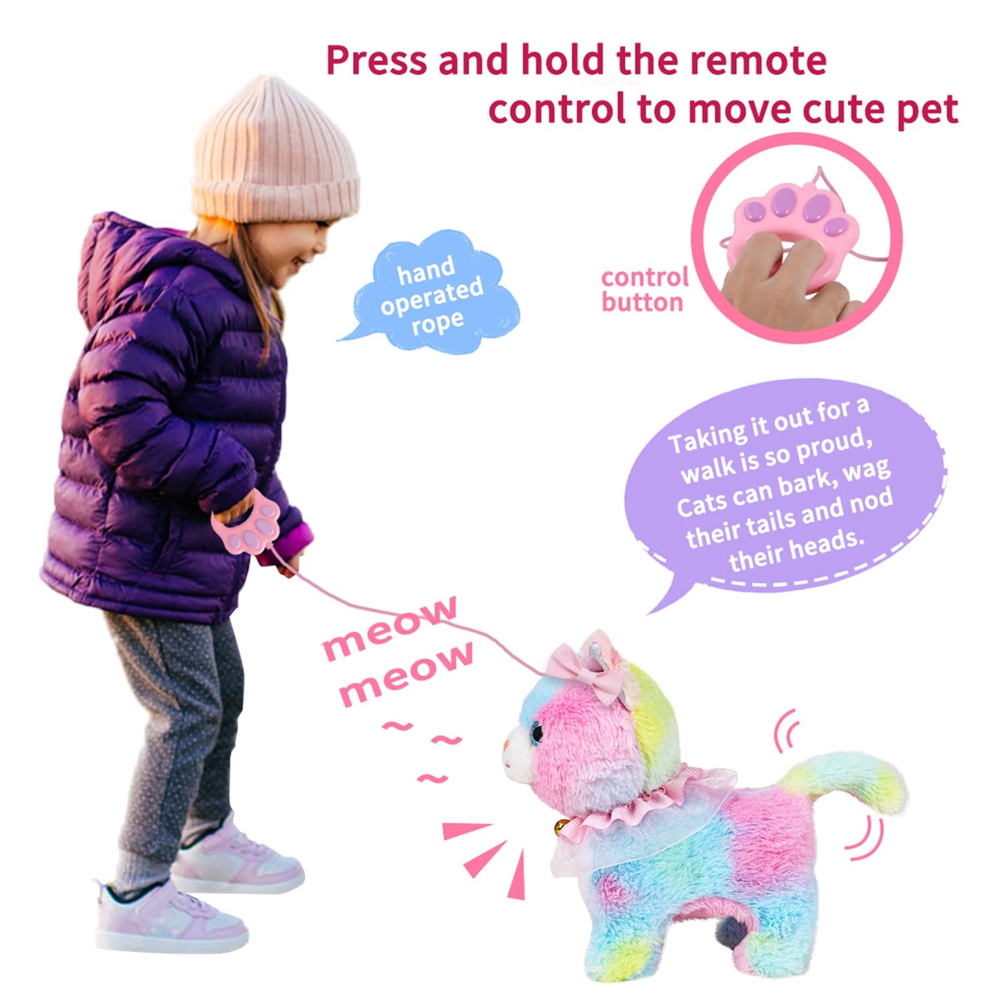 Jimate Interactive Cat Toy — Walking, Barking Plush Kitten with Remote Control