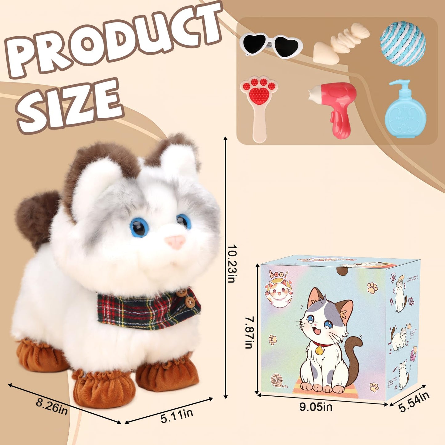 Jimate Interactive Walking Cat Toy with Leash – Meows, Tail Wag, Soft Plush Kitten for Kids