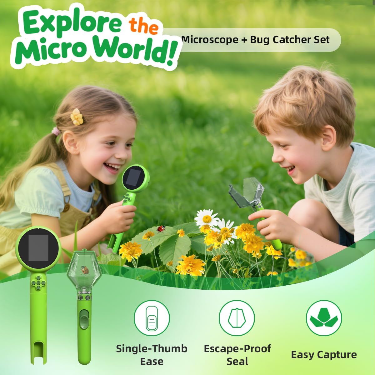 JIMZOO Kids Microscope with Bug Catcher Kit — 1080P Digital Handheld STEM Toy (Ages 3–12)