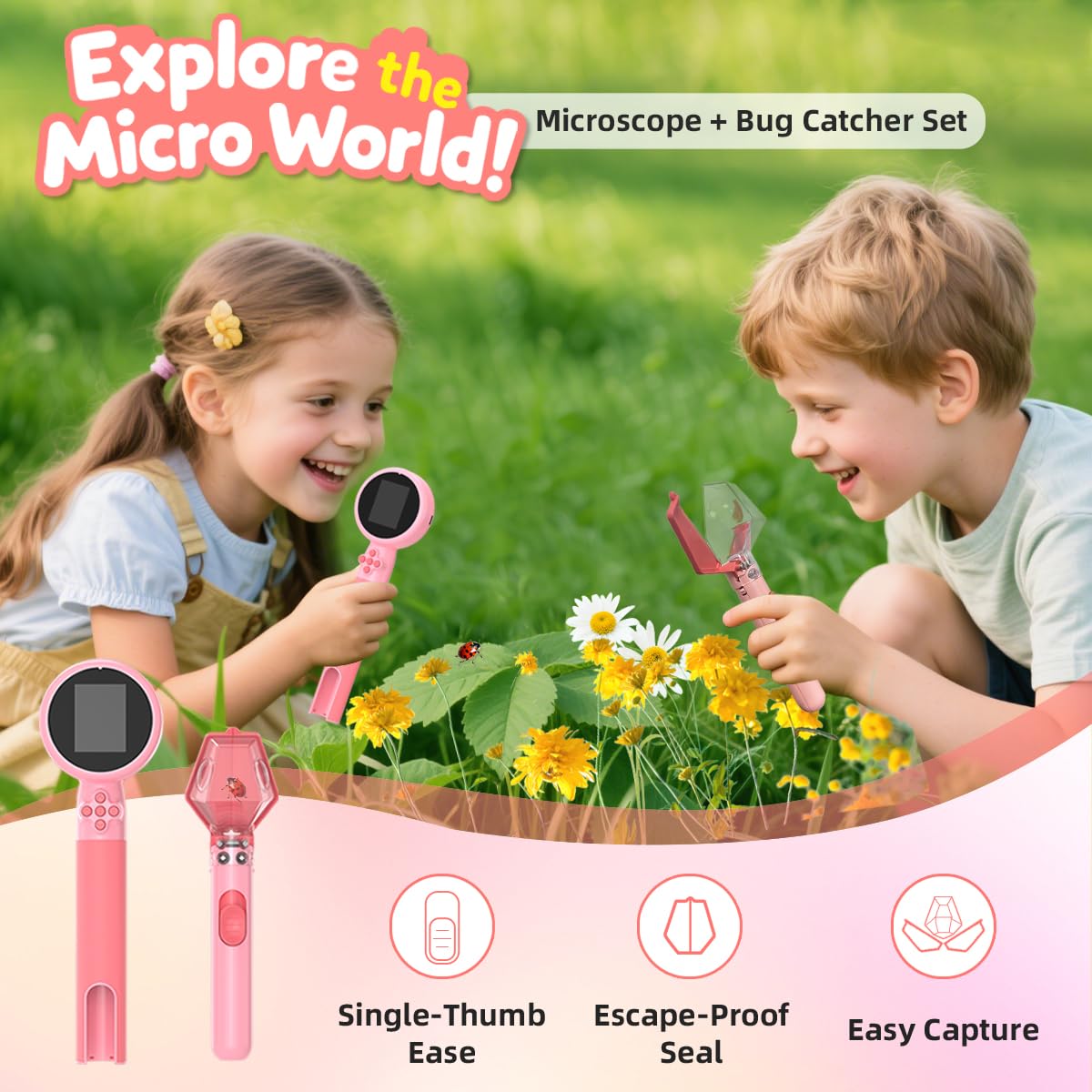 JIMZOO Kids Microscope with Bug Catcher Kit – 1080P HD, 200–500X, LED Light, Rechargeable, Portable