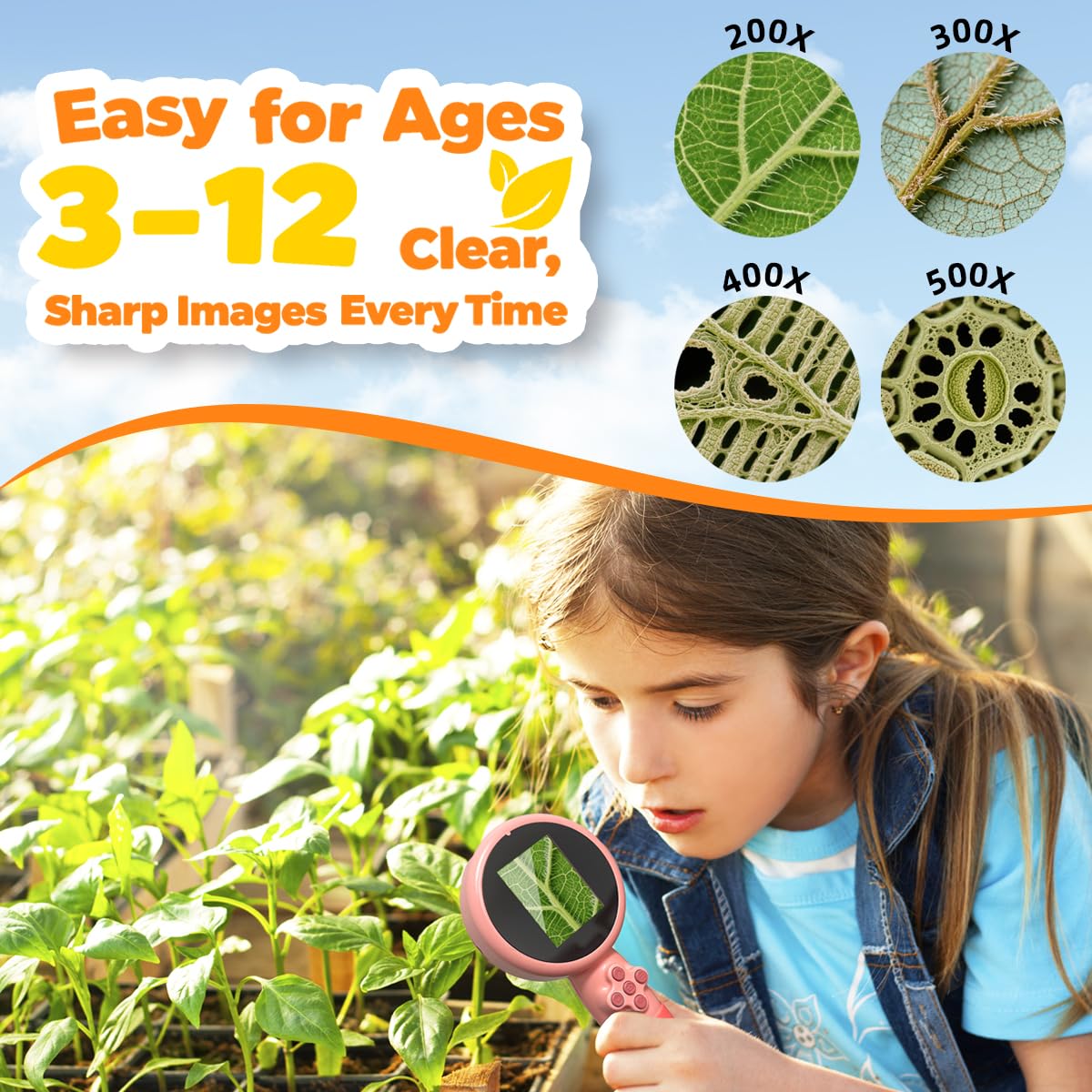 JIMZOO Kids Microscope with Bug Catcher Kit – 1080P HD, 200–500X, LED Light, Rechargeable, Portable
