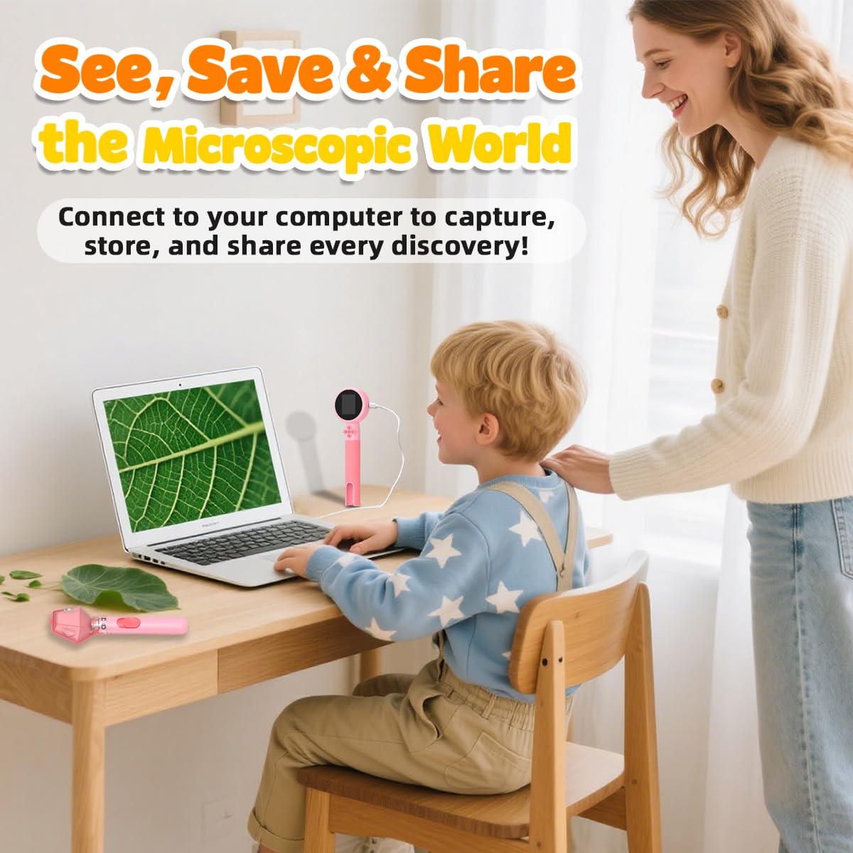 JIMZOO Kids Microscope with Bug Catcher Kit – 1080P HD, 200–500X, LED Light, Rechargeable, Portable