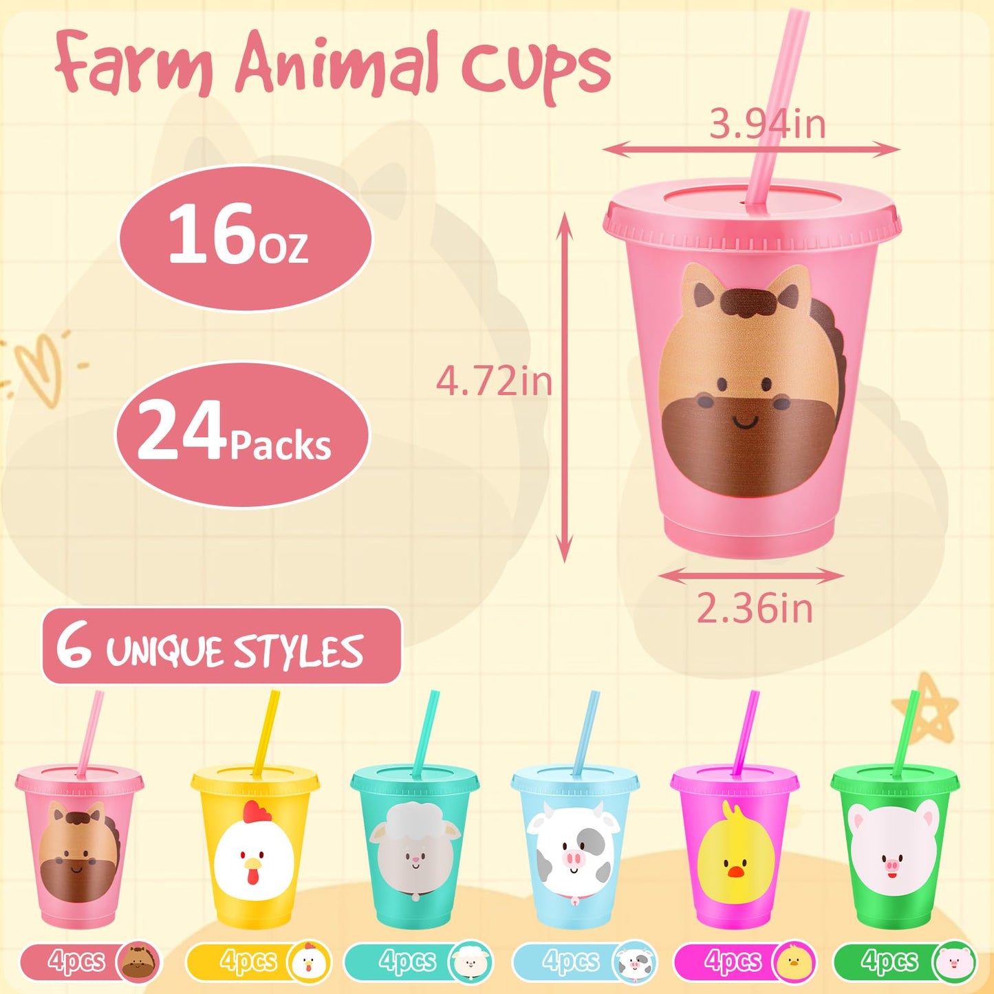 Jingmore 24 Pcs Farm Animal Birthday Cups with Lids, Straws & 16oz Reusable Cups