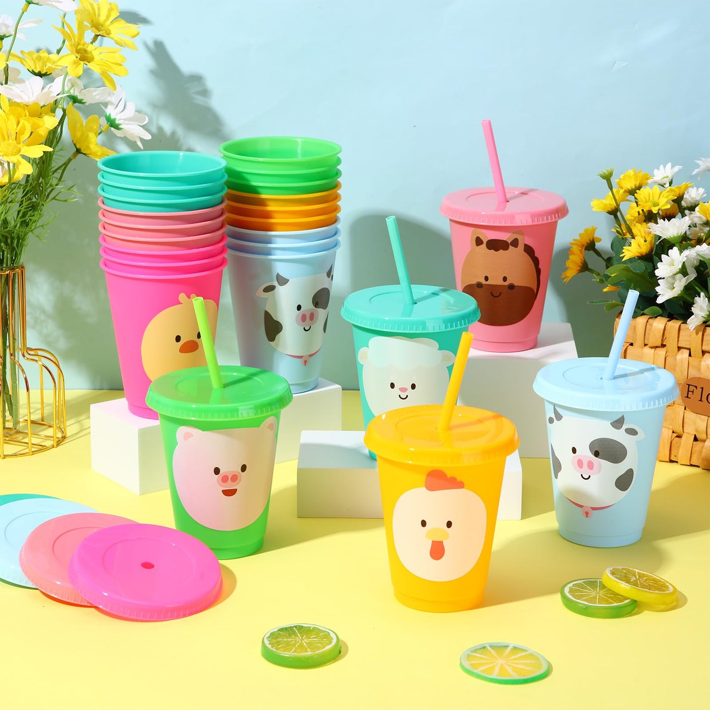 Jingmore 24 Pcs Farm Animal Birthday Cups with Lids, Straws & 16oz Reusable Cups