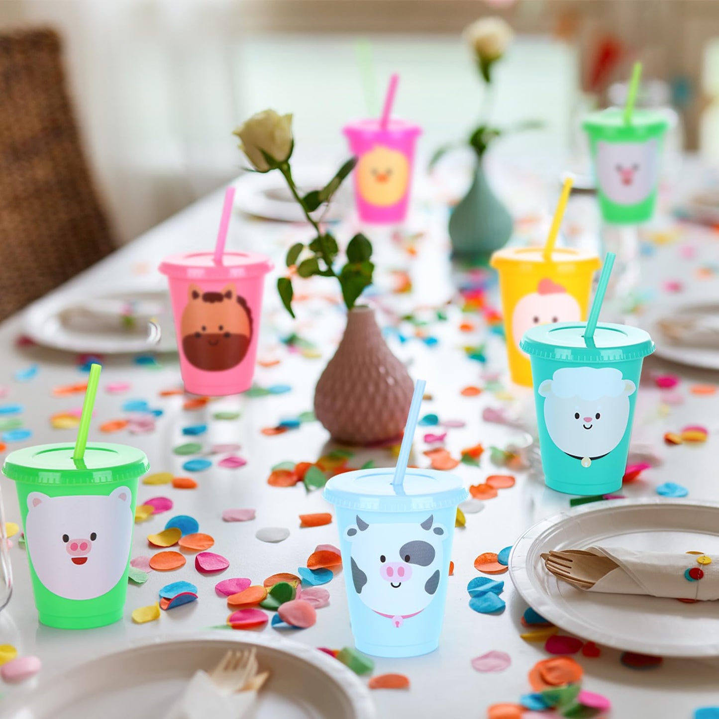 Jingmore 24 Pcs Farm Animal Birthday Cups with Lids, Straws & 16oz Reusable Cups