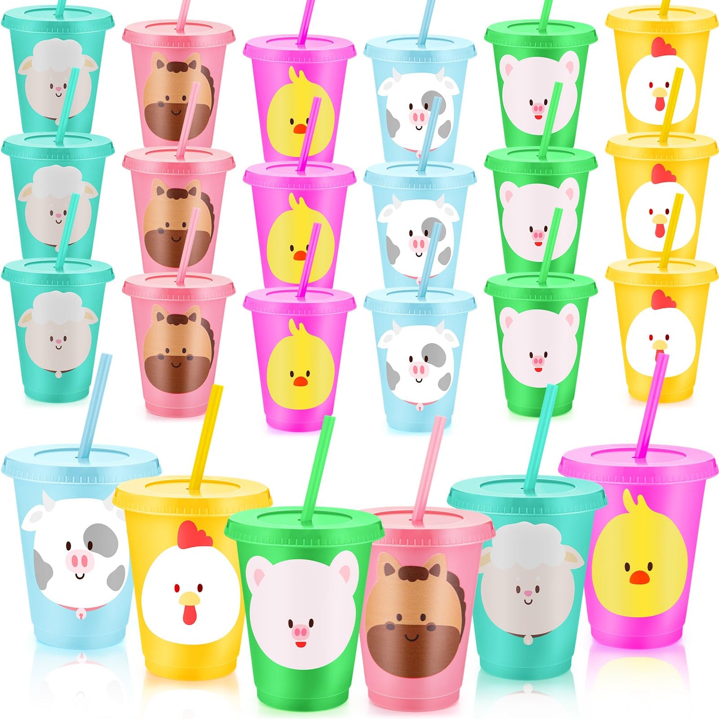 Jingmore 24 Pcs Farm Animal Birthday Cups with Lids, Straws & 16oz Reusable Cups
