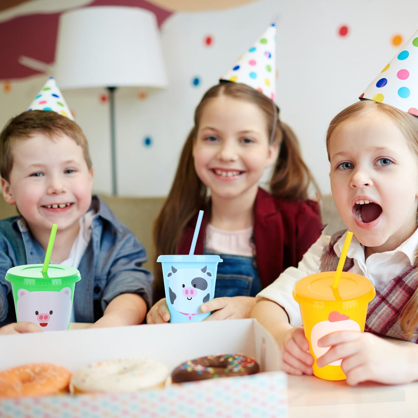Jingmore 24 Pcs Farm Animal Birthday Cups with Lids, Straws & 16oz Reusable Cups