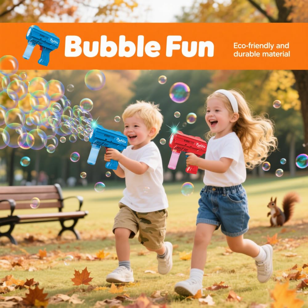 JinXinYao Kids Bubble Gun – Durable Light Up Bubble Machine with 2 Bottles (Blue)