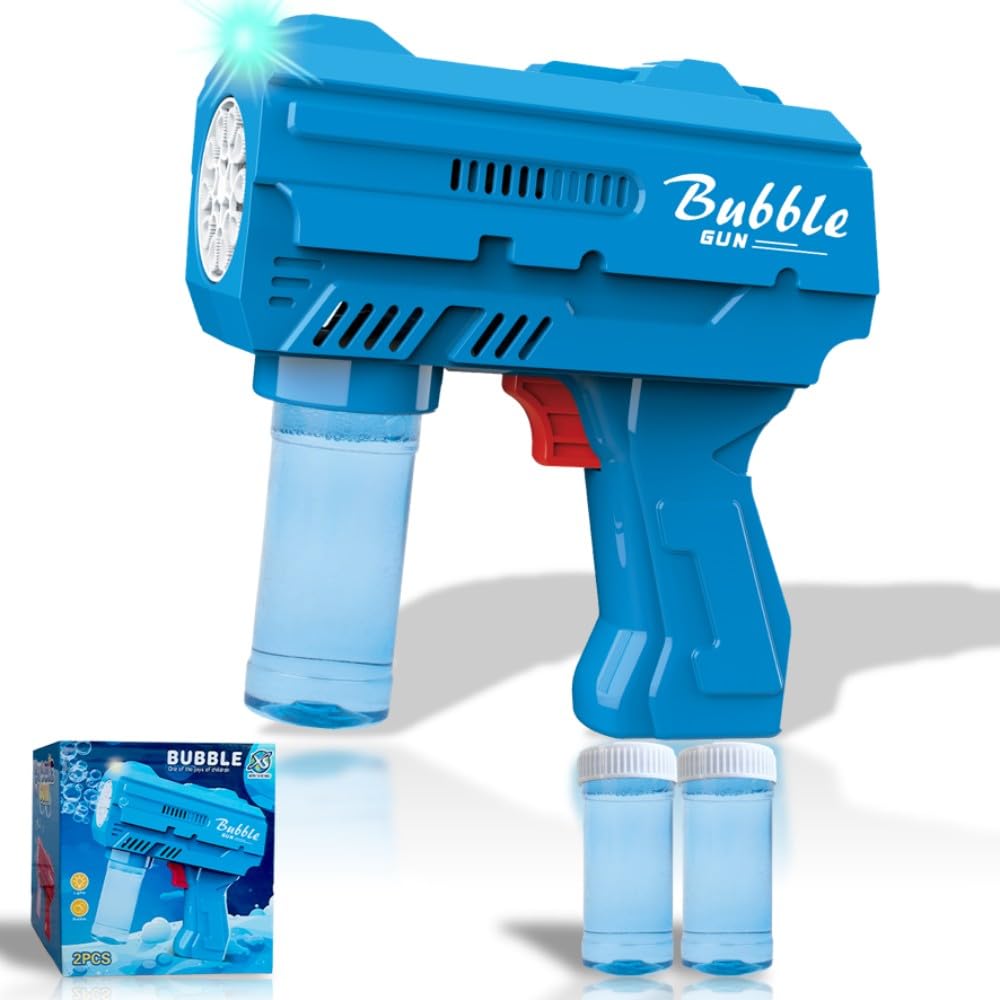 JinXinYao Kids Bubble Gun – Durable Light Up Bubble Machine with 2 Bottles (Blue)