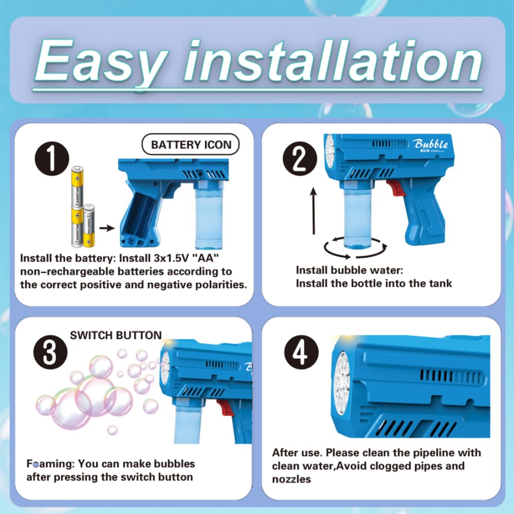 JinXinYao Kids Bubble Gun – Durable Light Up Bubble Machine with 2 Bottles (Blue)