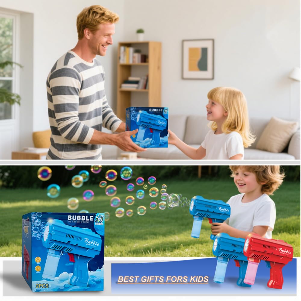 JinXinYao Kids Bubble Gun – Durable Light Up Bubble Machine with 2 Bottles (Blue)