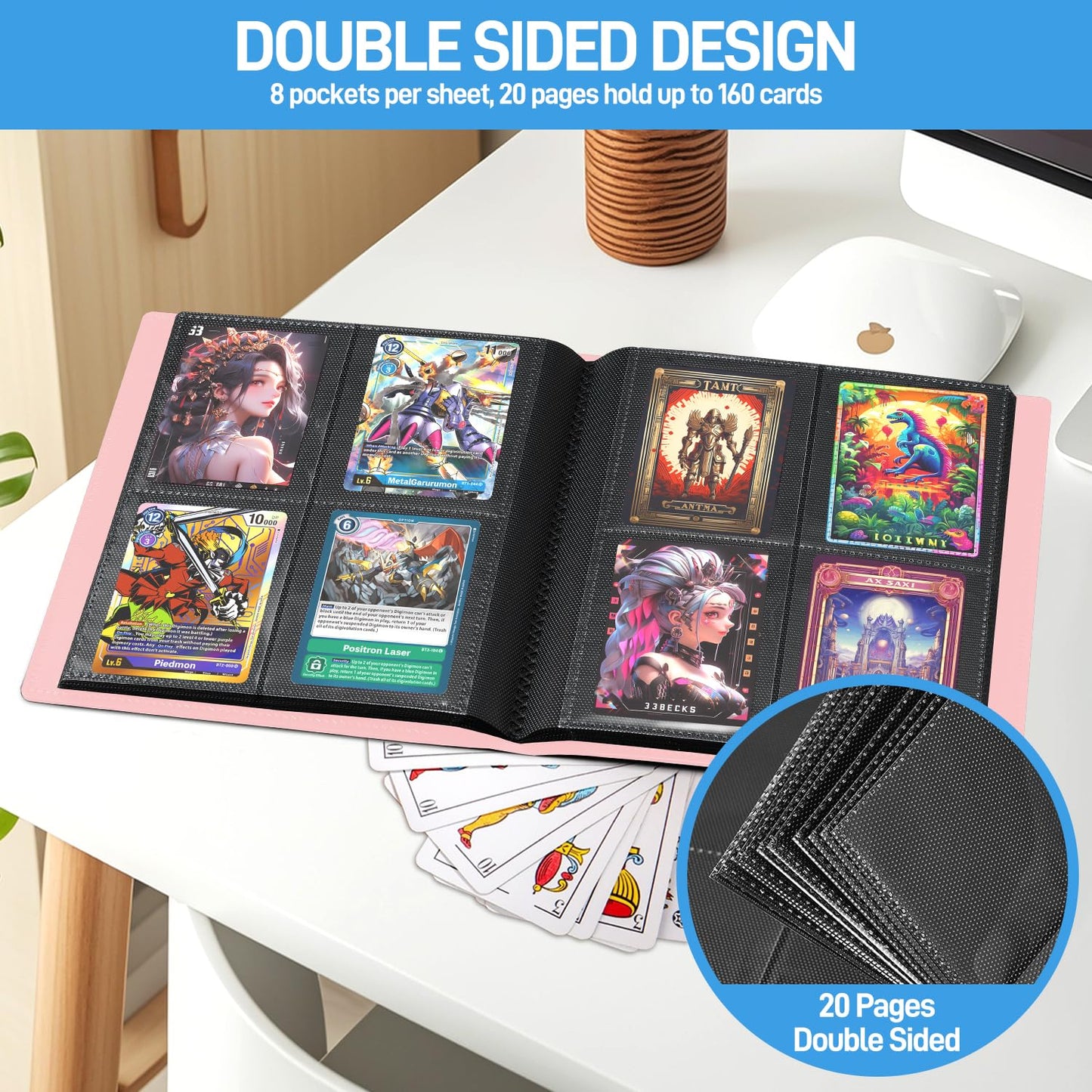 JIQEZNL Card Binder | Upgraded 4-Pocket Mini Album, 160 Pockets, Pink