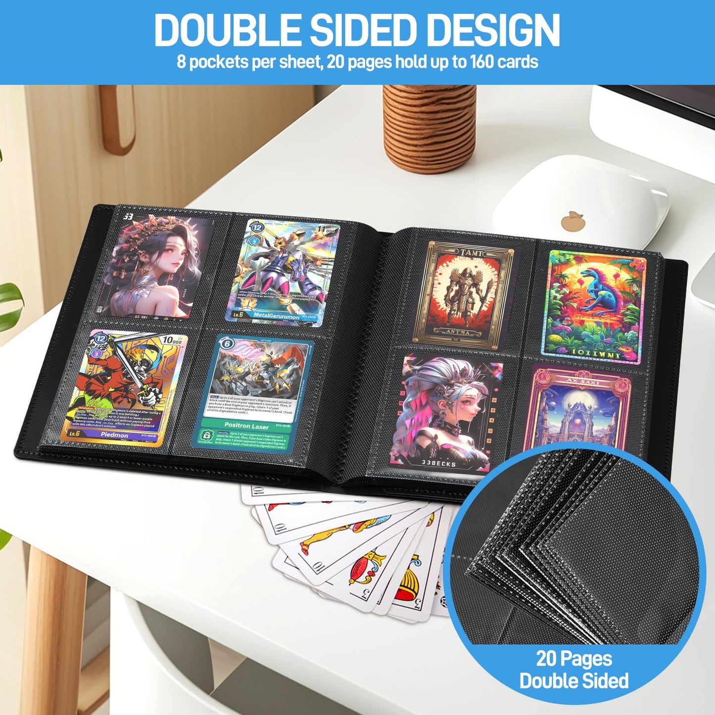JIQEZNL Card Binder - Upgraded 4-Pocket 160-Card Organizer, Black