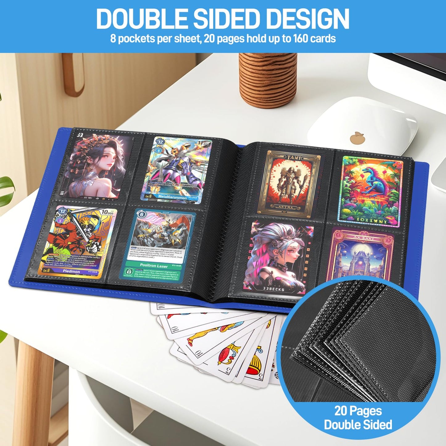 JIQEZNL Card Binder - Upgraded 4-Pocket 160 Card Portfolio, Dark Blue