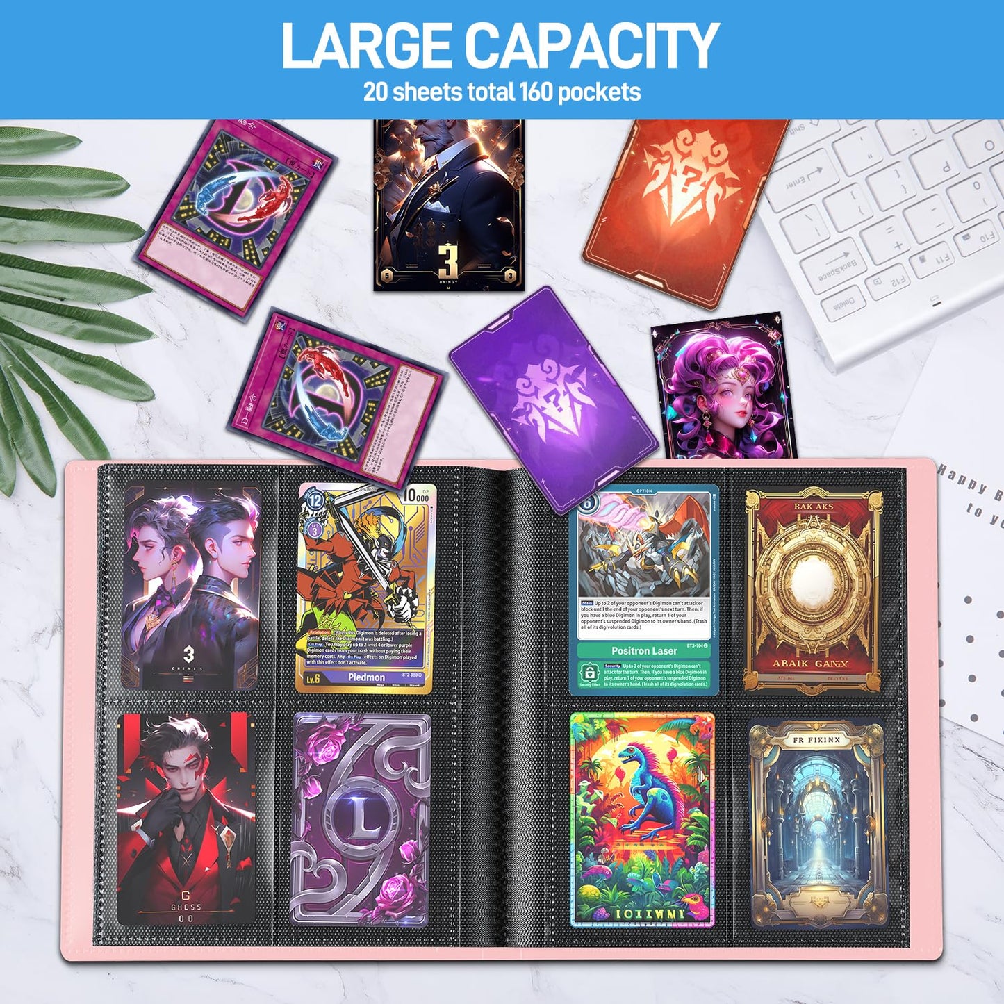 JIQEZNL Card Binder | Upgraded 4-Pocket Mini Album, 160 Pockets, Pink