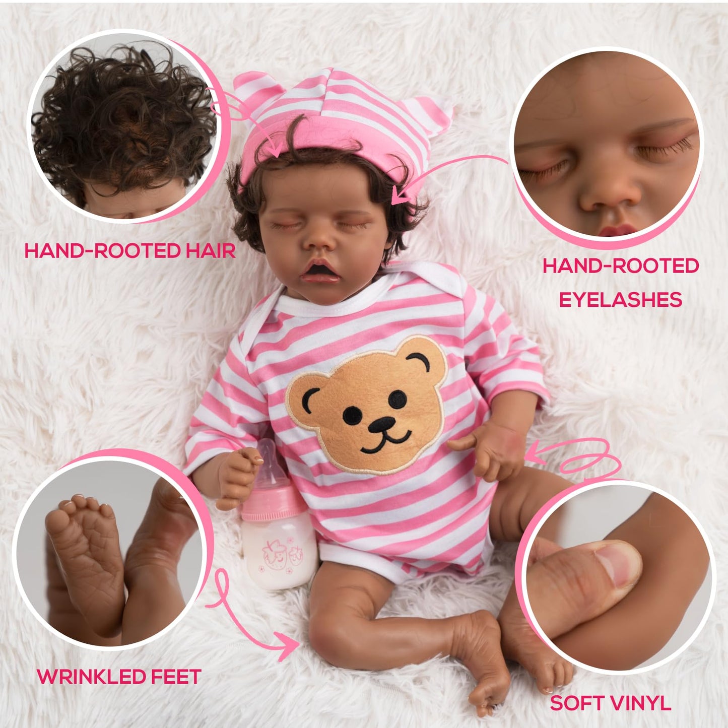 Jirachi Realistic Black Reborn Baby Doll – 18-inch Silicone Soft Body, Feeding Kit & Gift Box