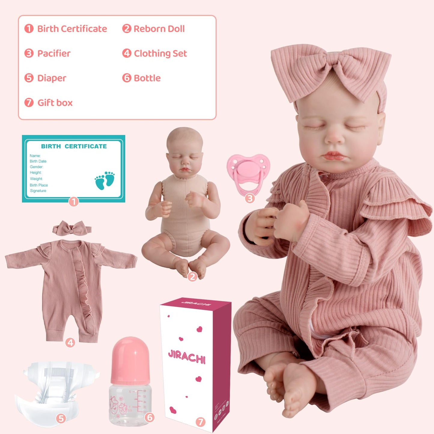 Jirachi Realistic 18-Inch Reborn Baby Doll – Sleeping Girl with Pink Outfit Set