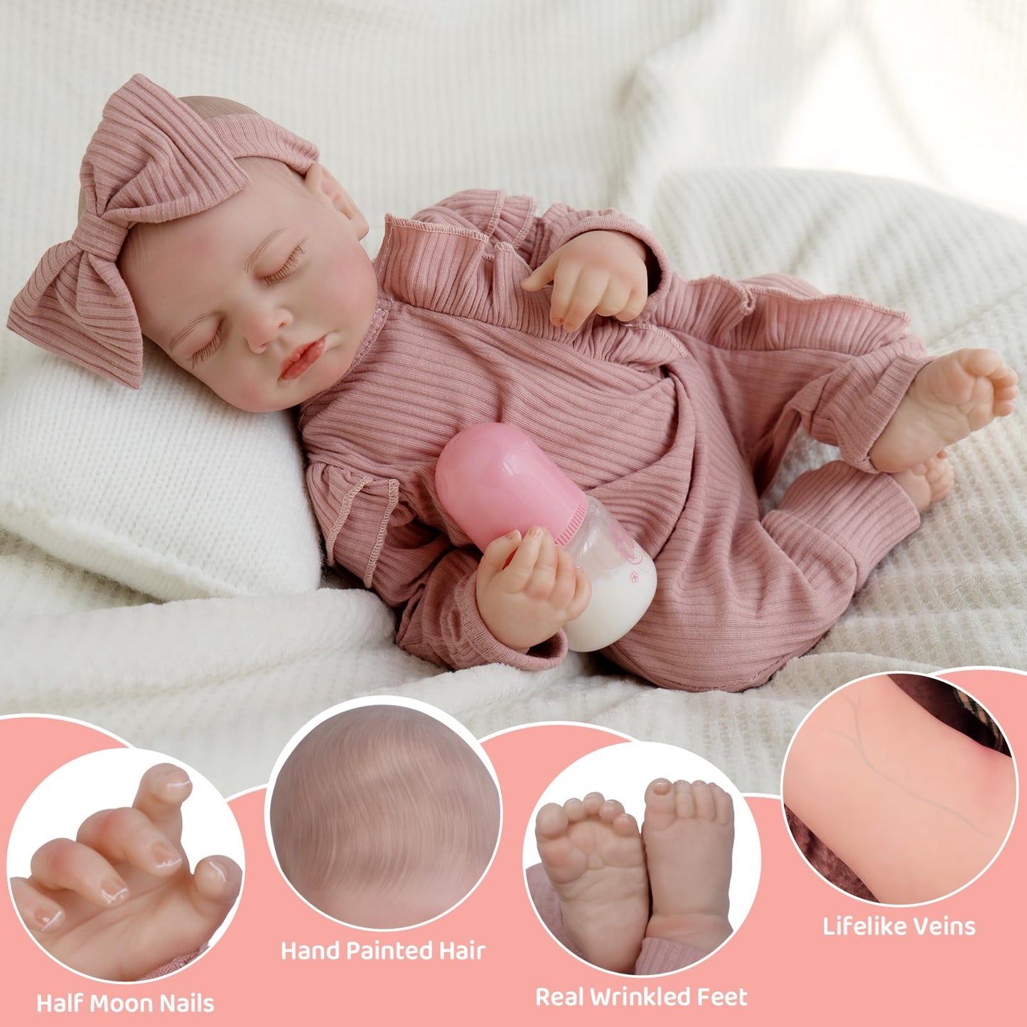 Jirachi Realistic 18-Inch Reborn Baby Doll – Sleeping Girl with Pink Outfit Set