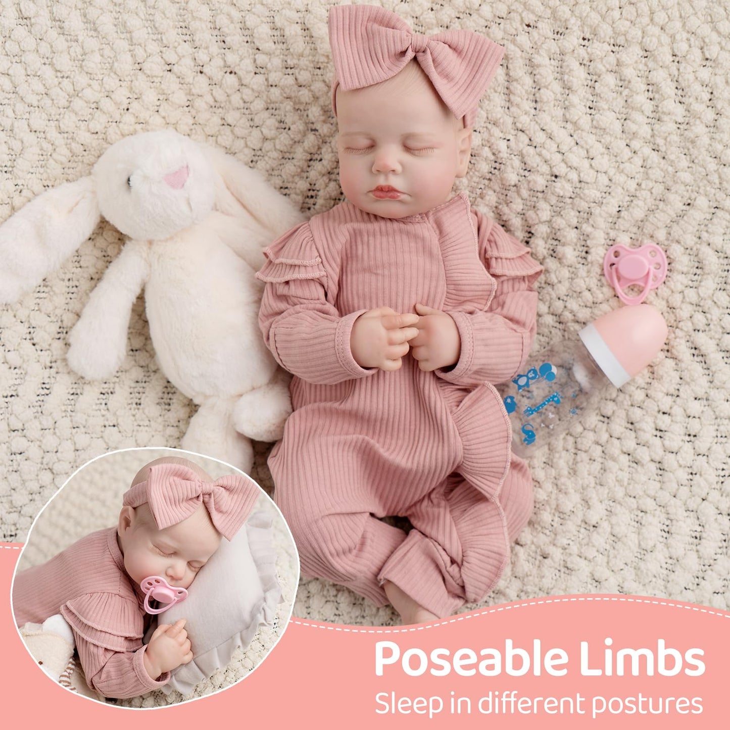 Jirachi Realistic 18-Inch Reborn Baby Doll – Sleeping Girl with Pink Outfit Set