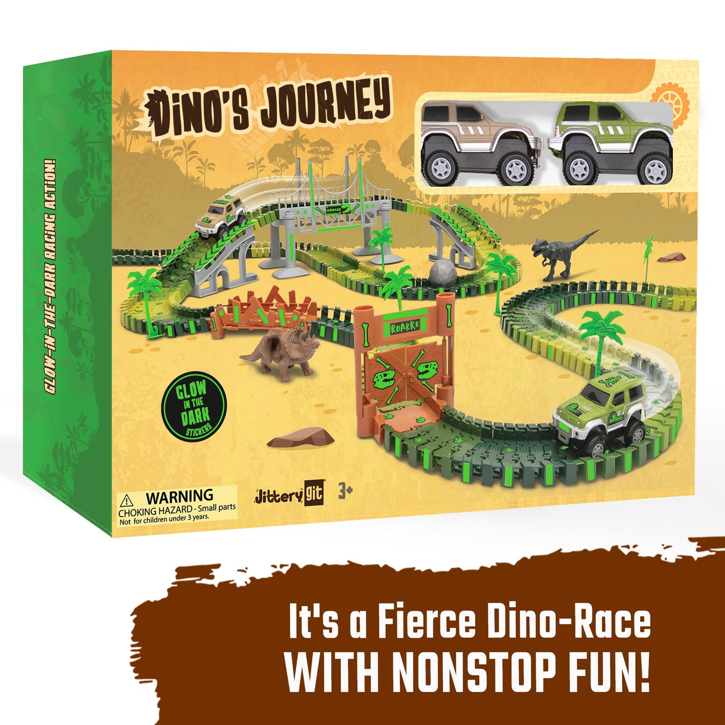 JITTERYGIT Dinosaur Glow Track Set – Jurassic Race Track with T-Rex & Triceratops