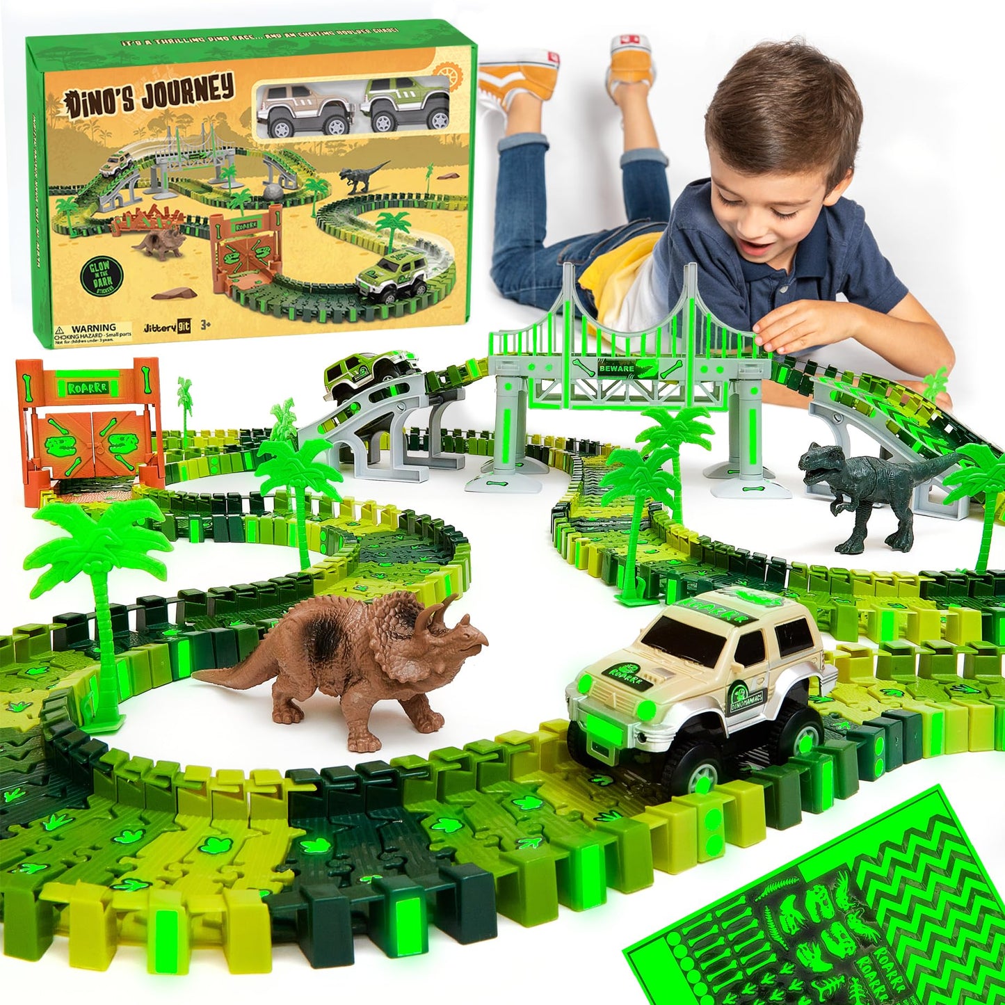 JITTERYGIT Dinosaur Glow Track Set – Jurassic Race Track with T-Rex & Triceratops